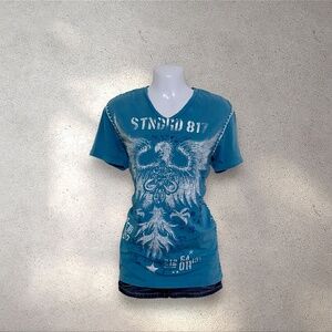 Eithy Eight Y2K Affliction Style Eagle Graphic Tee | Blue V-Neck Top